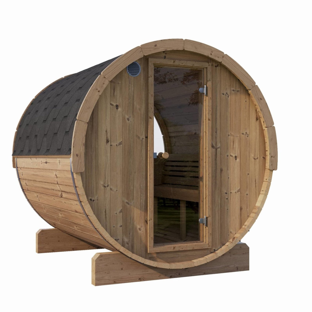 barrel sauna with rear glass window