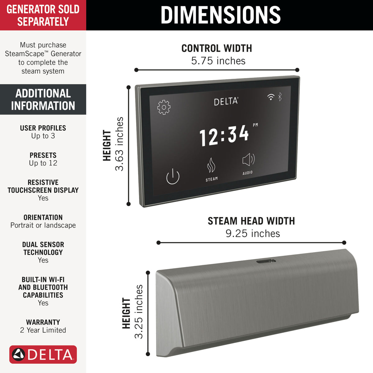 Delta SteamScape™ Deluxe System, Digital Interface and Unilateral Steam Head Package