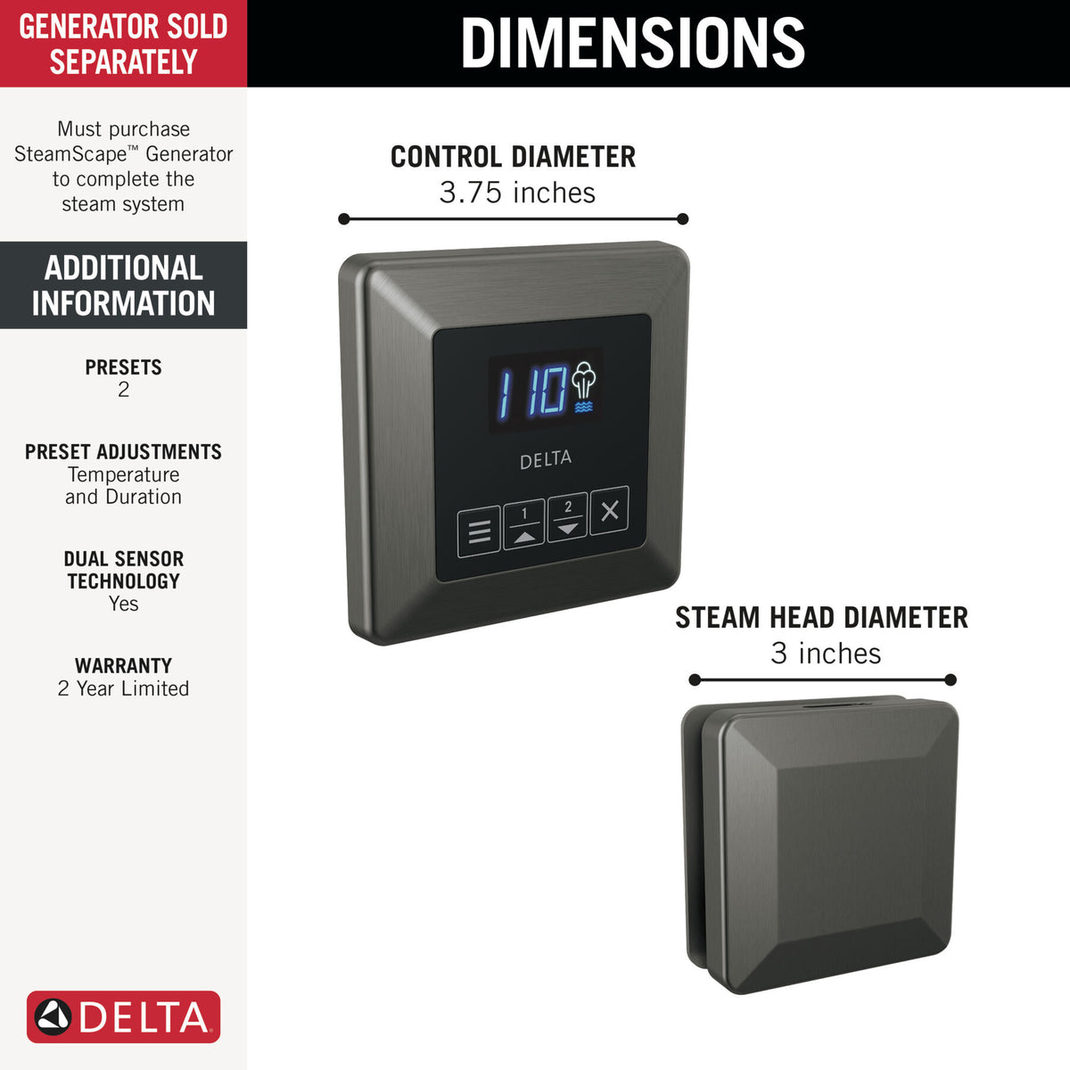 Delta SteamScape™ Square Classic System, SteamScape™ Square Control and Square Steam Head Package