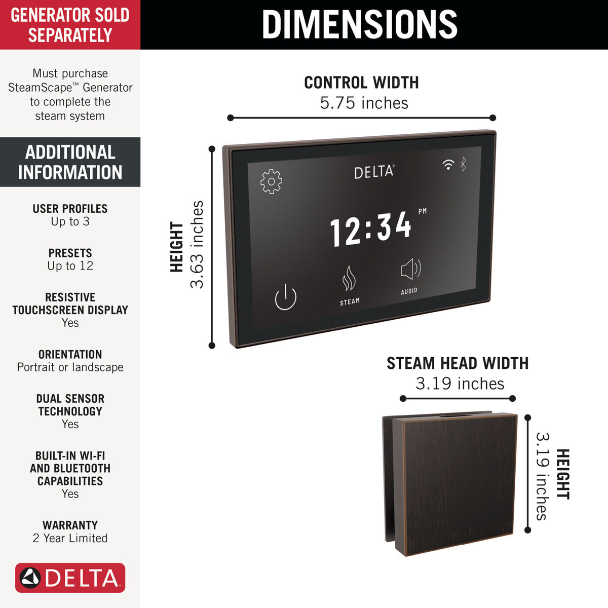 Delta Steamscape™ Deluxe System, Digital Interface and Contemporary Square Steam Head Package