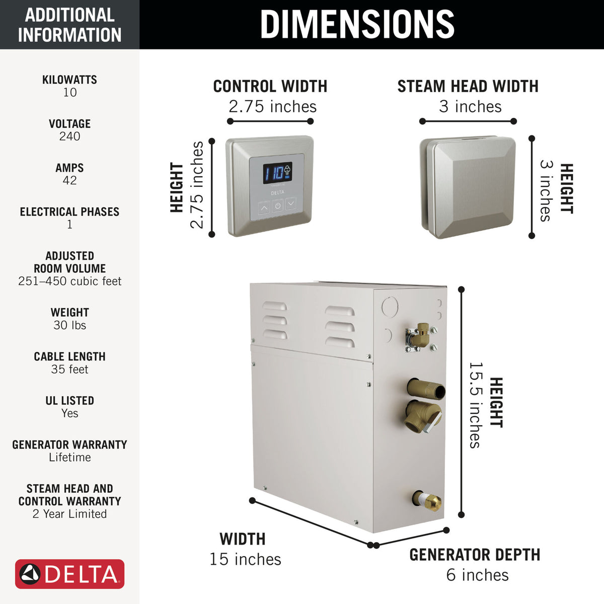 Delta SimpleSteam™ 10kW Kit, SimpleSteam™ ES-10 Generator, Control Panel, and Steam Head