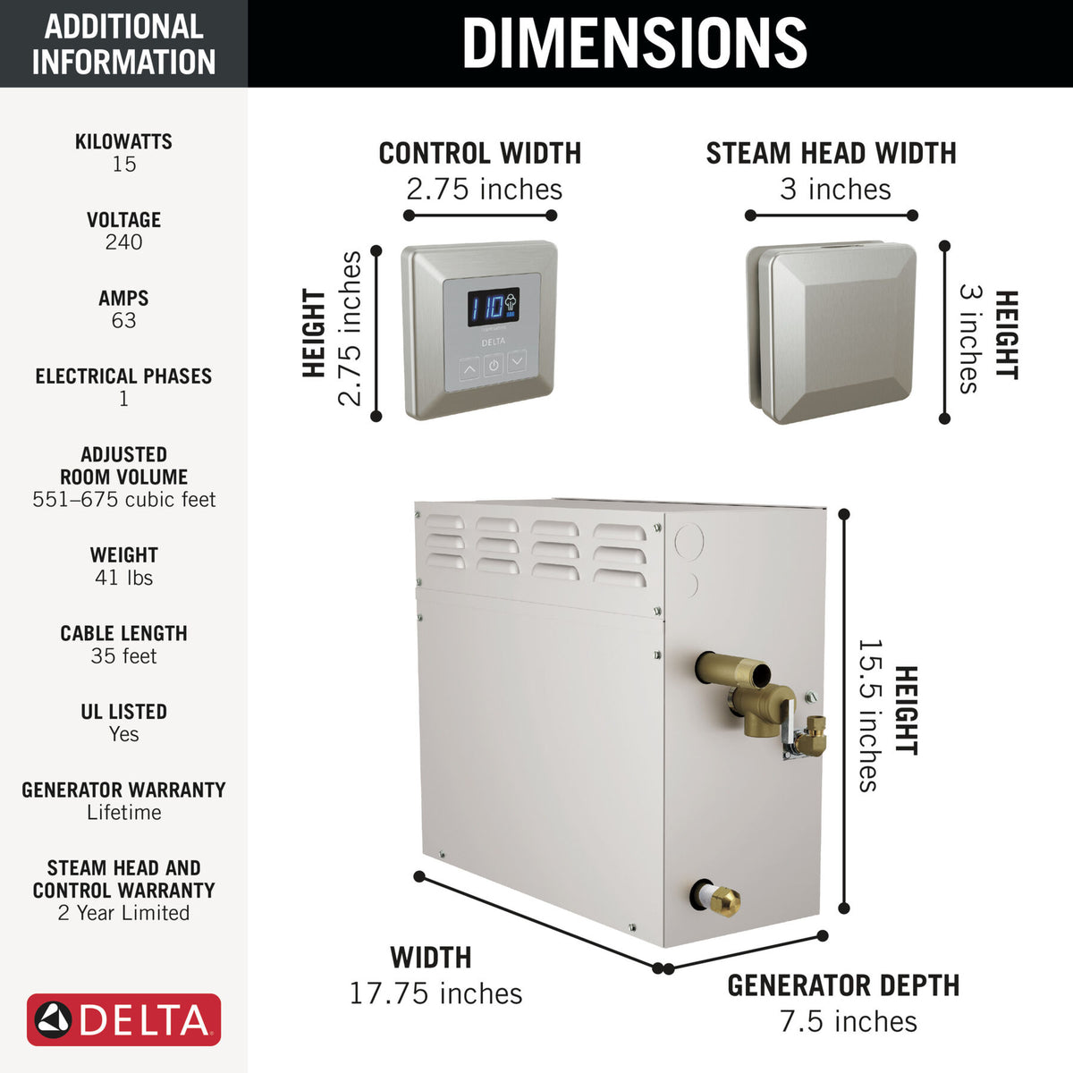 Delta SimpleSteam™ 12kW Kit, SimpleSteam™ Generator, SimpleSteam™ Square Control and Square Steam Head