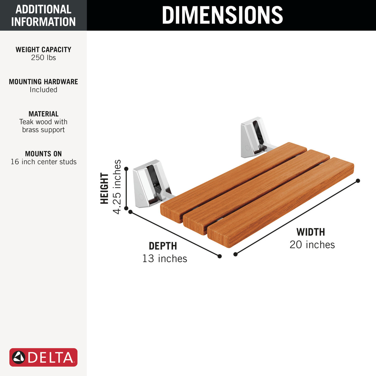 Delta Fold Up Wall Mounted Seat, Teak Wood