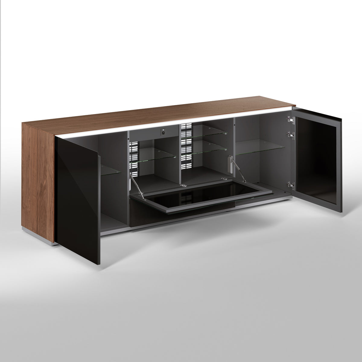 Bellini Italian Home TV Cabinet with Push-Pull Lateral Doors. Central Pull-Down Door with Active Door Technology - Walnut Top and Side with Black Glass Doors, Dimensions:87&quot;x20&quot;x32&quot;