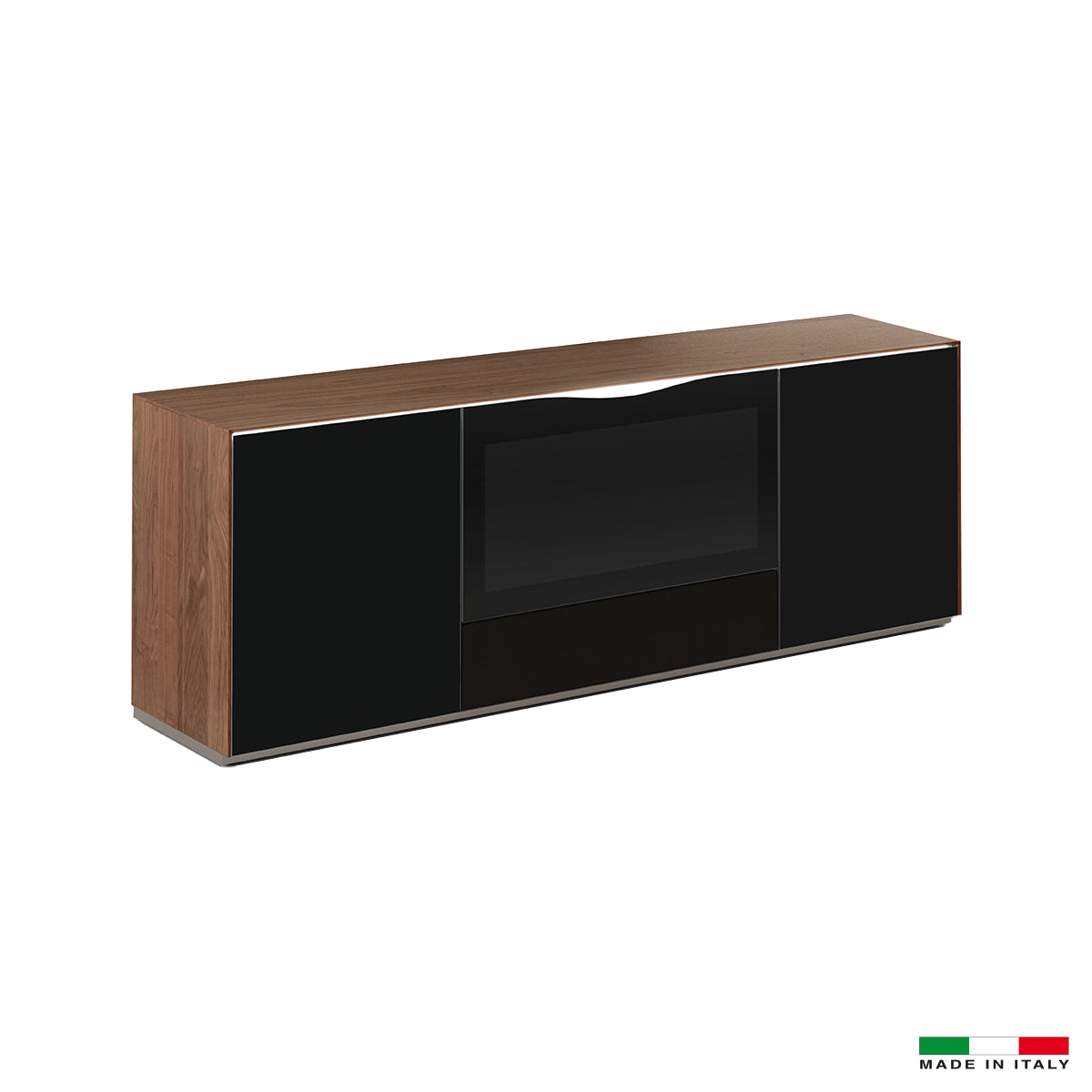 Bellini Italian Home TV Cabinet with Push-Pull Lateral Doors. Central Pull-Down Door with Active Door Technology - Walnut Top and Side with Black Glass Doors, Dimensions:87&quot;x20&quot;x32&quot;