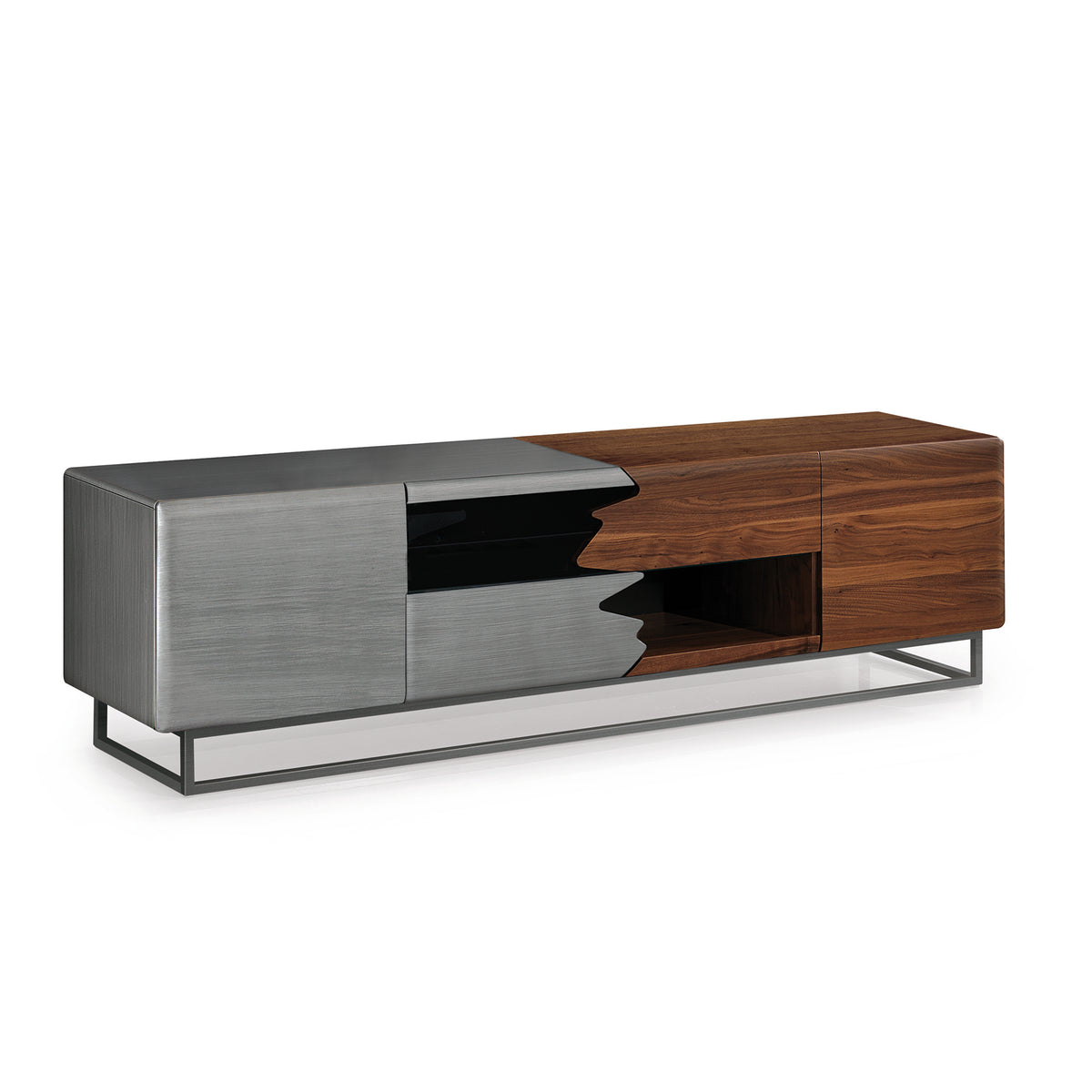 Bellini Italian Home Walnut-Iron Brushed TV Bench in Brushed MDF and Solid Walnut with 4 Doors and Metal Plinth