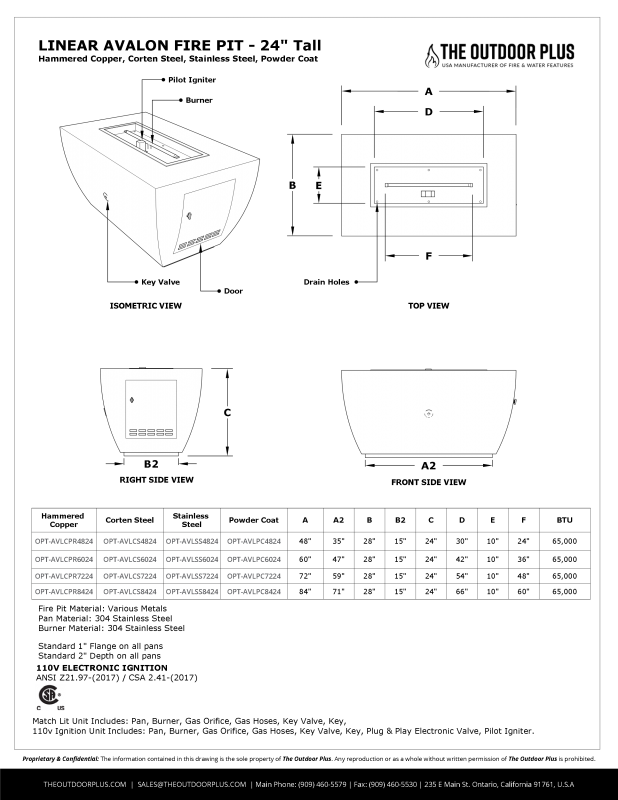 The Outdoor Plus 48&quot;-84&quot; Rectangular Avalon Fire Pit - Corten Steel