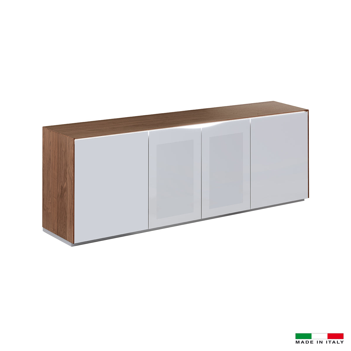 Bellini Italian Home TV Cabinet with 4 Push-Pull Doors, Led Lighting, Central Doors with Active Door, Grills For Ventilation, Multisocket - Walnut Top and Side with White Glass Doors