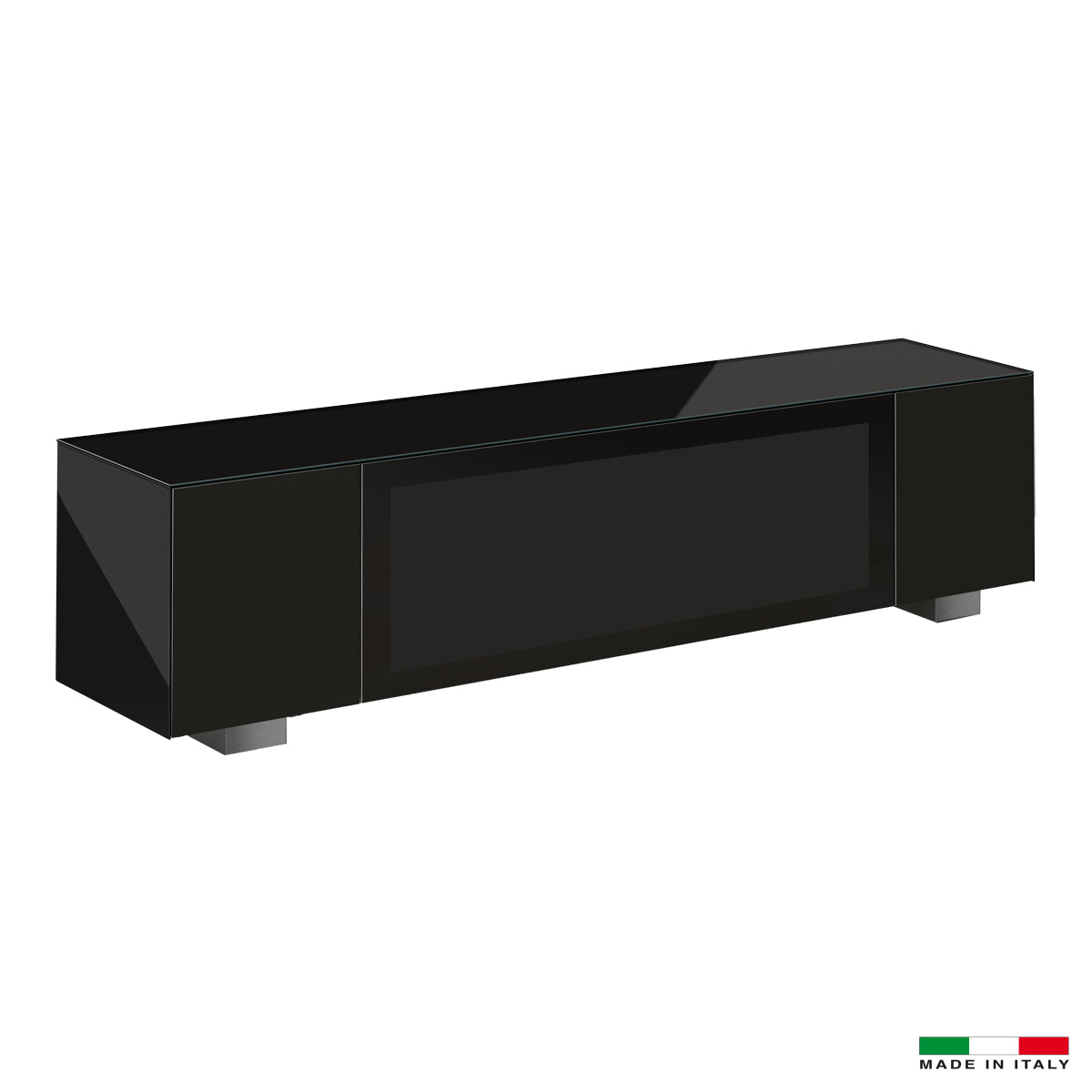 Bellini Italian Home TV Cabinet with Remote Freindly Pull-Down Door with Active Door Technology, 2 Lateral Flap Doors, Grills For Ventilation and Multisocket. Outer Body and Door In Tempered Glass, Dimensions: 79&quot;x18&quot;x18&quot;