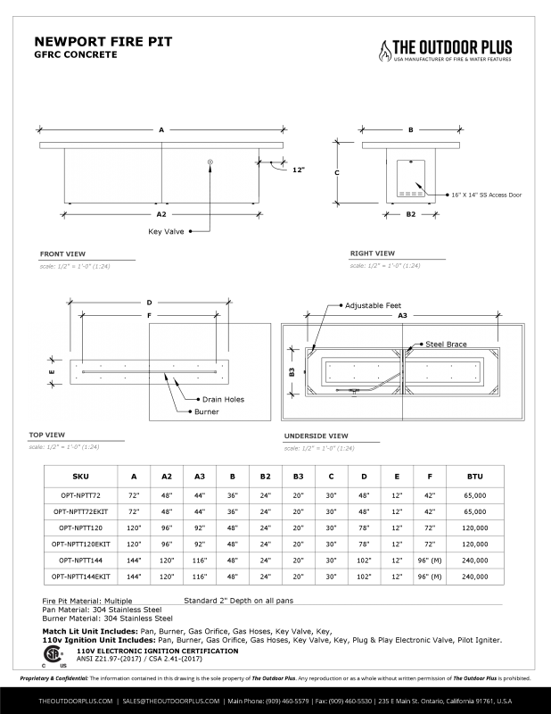 The Outdoor Plus 120&quot; Rectangular Newport Fire Table - GFRC Concrete - Flame Sense Ignition System