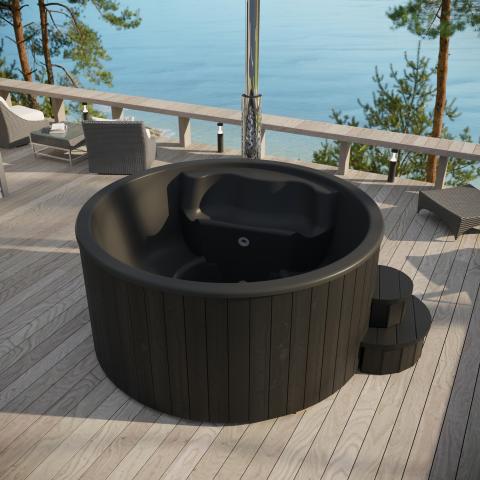SaunaLife 6 Person Wood-Fired Hot Tub, Black, Thermo-Spruce, SL-MODELS4