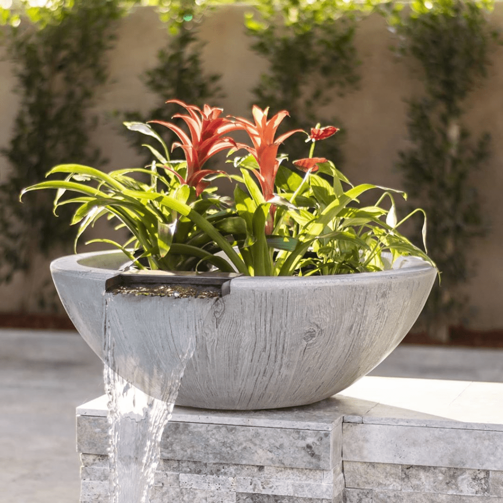 The Outdoor Plus Round Sedona Planter &amp; Water Bowl - Wood Grain GFRC Concrete