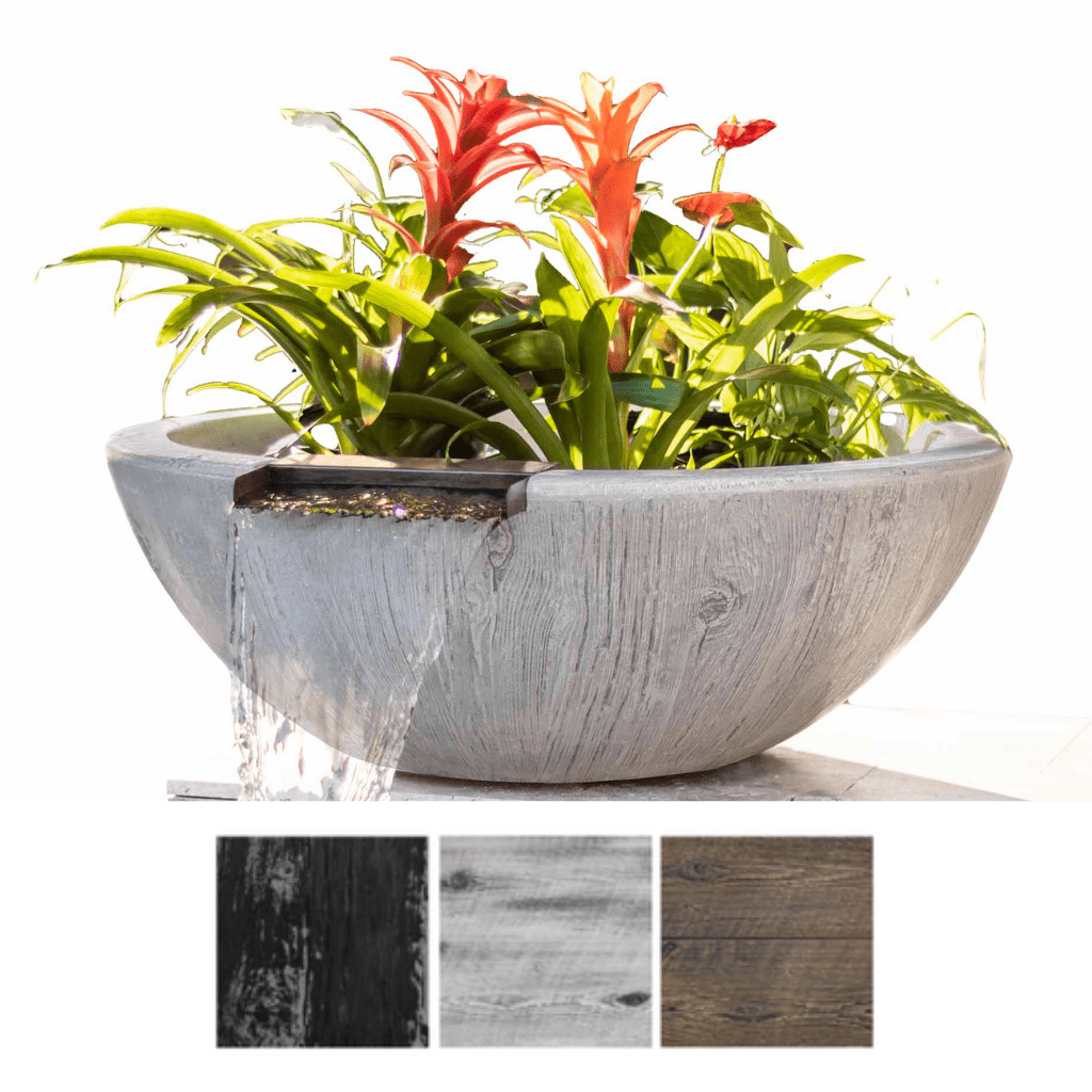 The Outdoor Plus Round Sedona Planter &amp; Water Bowl - Wood Grain GFRC Concrete