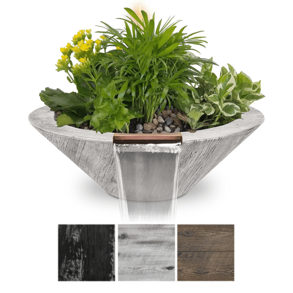 The Outdoor Plus Round Cazo Planter &amp; Water Bowl - Wood Grain GFRC Concrete