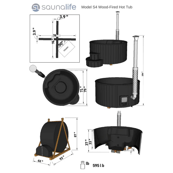 SaunaLife Model S4B Wood-Fired Hot Tub, Soak-Series Home Wood-Burning Hot Tub for 6 Persons [Free Shipping]