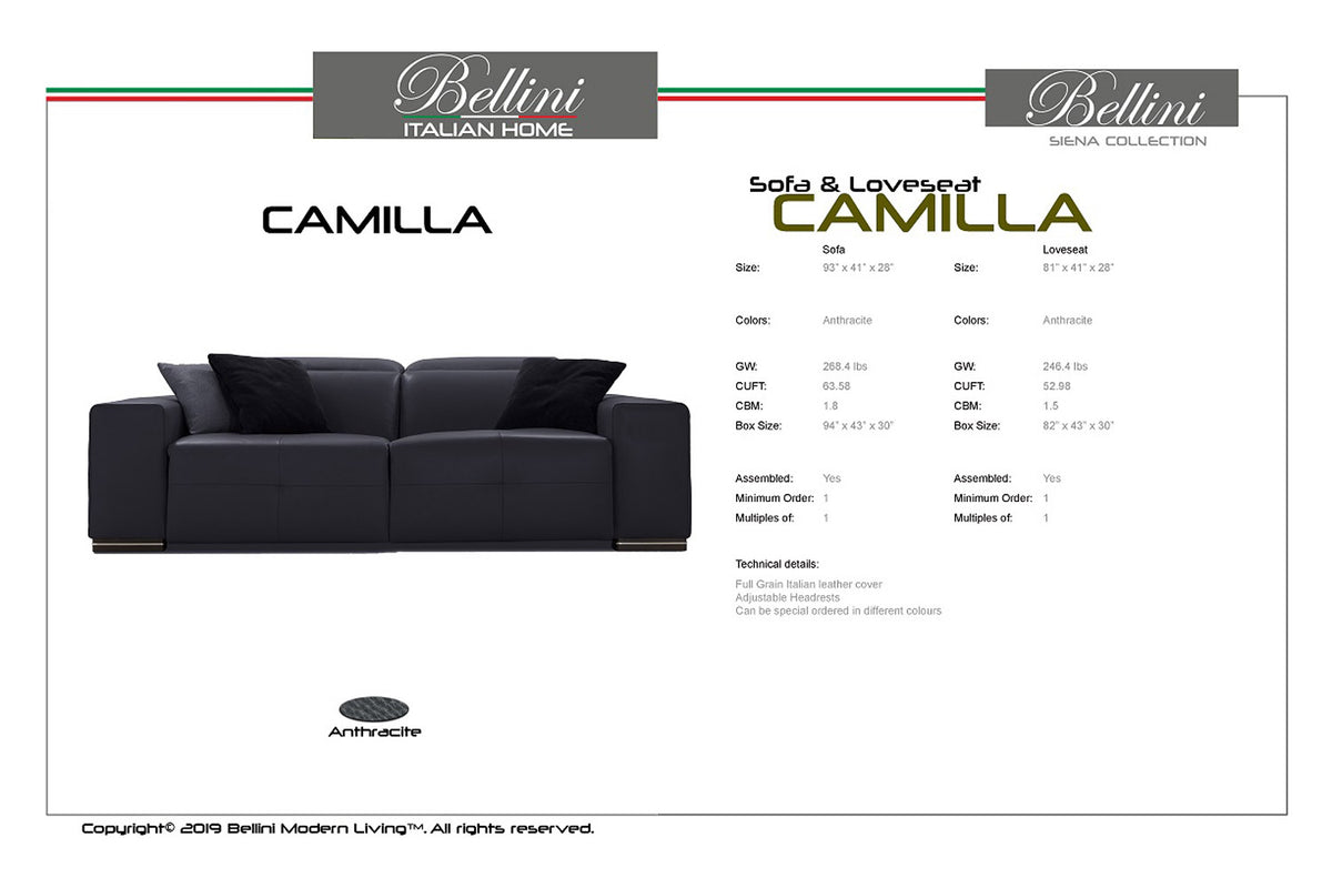 Bellini Italian Home Camilla Motion Loveseat, Anthracite (D05) - 2 Power Recliner 2 Motors