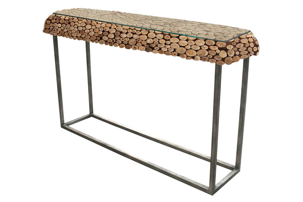 Bellini Italian Home Sofa Table In Natural Driftwood with 12Mm Tempered Glass Top.Dimensions:L 55&#39;&#39;xW 16&#39;&#39;xH 34&#39;&#39;